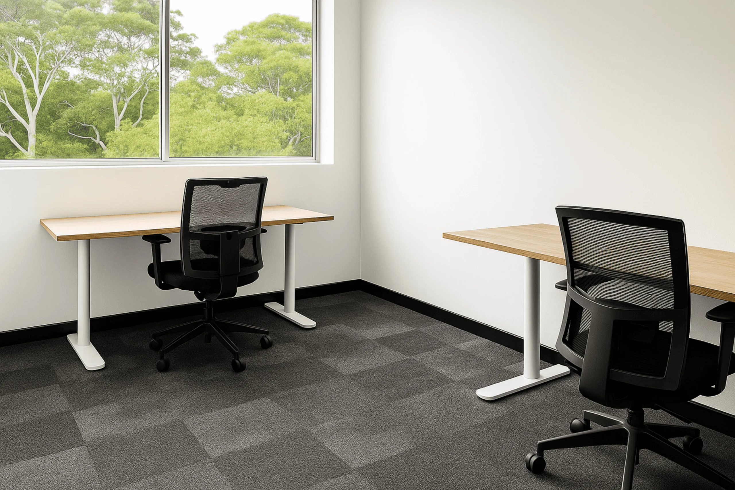 Flexible office environment with adaptable desks, shared facilities and connected work areas