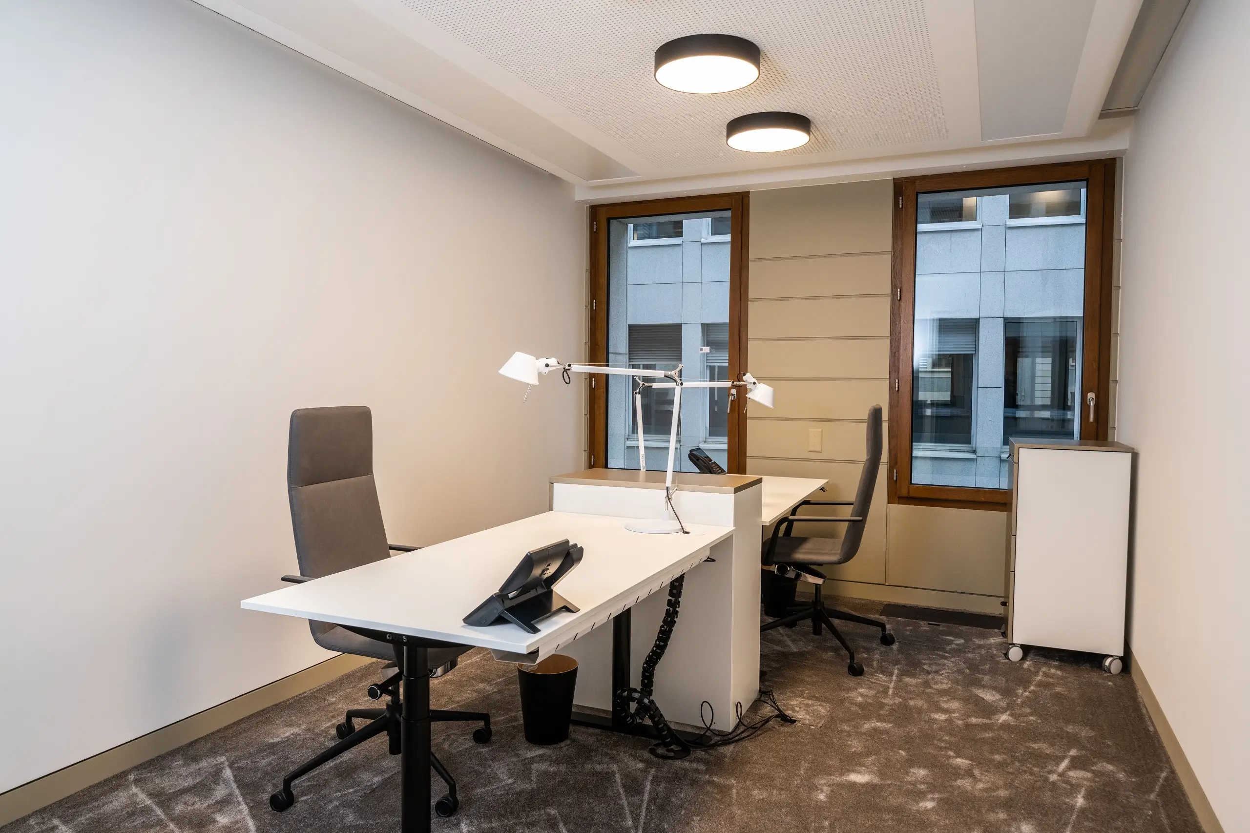 Contemporary shared office workspace with organized desks, meeting areas and professional furnishings
